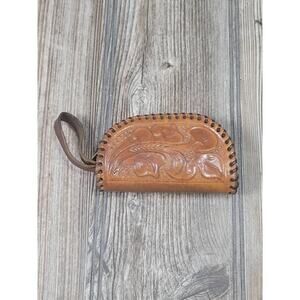 Vintage Leather Tooled Coin Purse, Laced Zipper Wallet